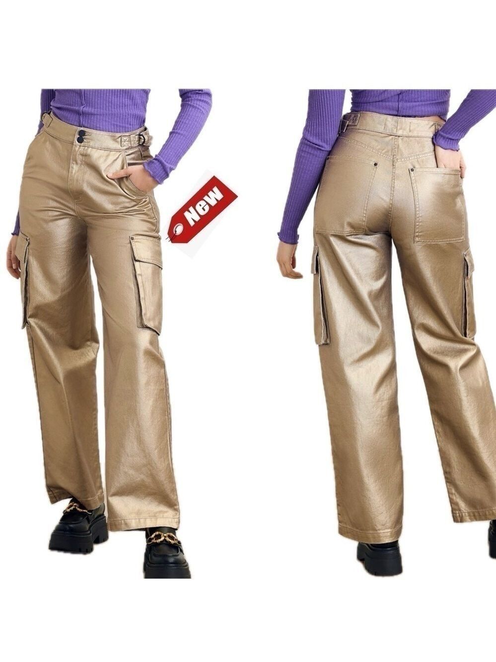 Circus NY metallic gold foil High Rise Slouchy Cargo Denim Jean pants NWT